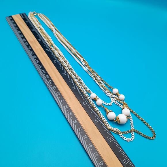 Vintage White Enamel Gold Tone Chain Necklace, Glass Beads, 4 Strands, 18" - Picture 4 of 9